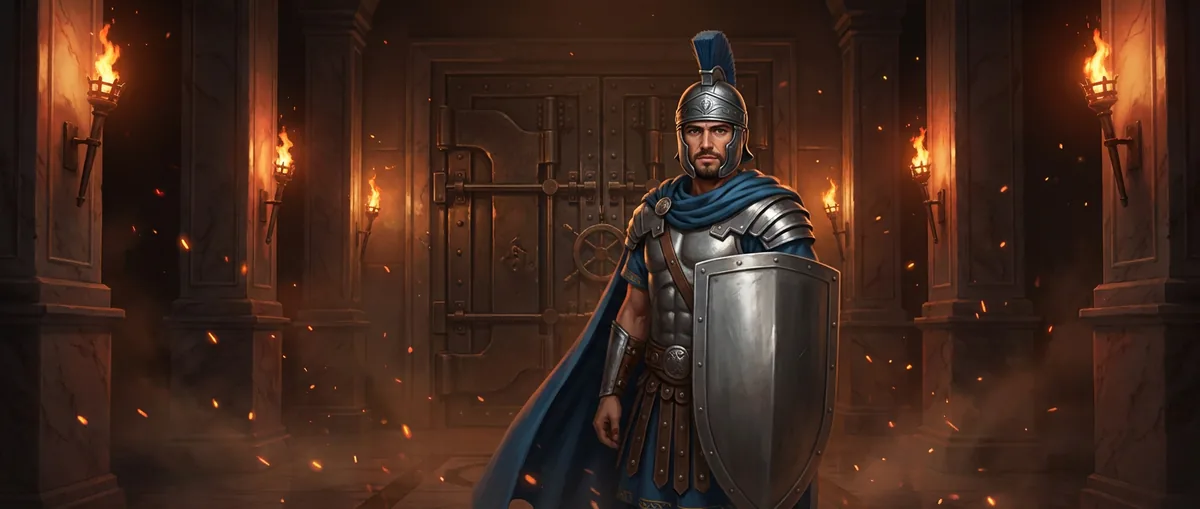 Legionista z tarczą stoi na straży przed ciężkimi drzwiami skarbca